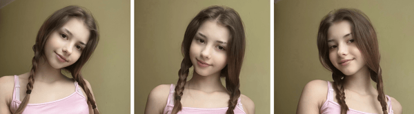Three close-up portraits of a young woman with long brown hair in braids, wearing a pink top against a plain background.