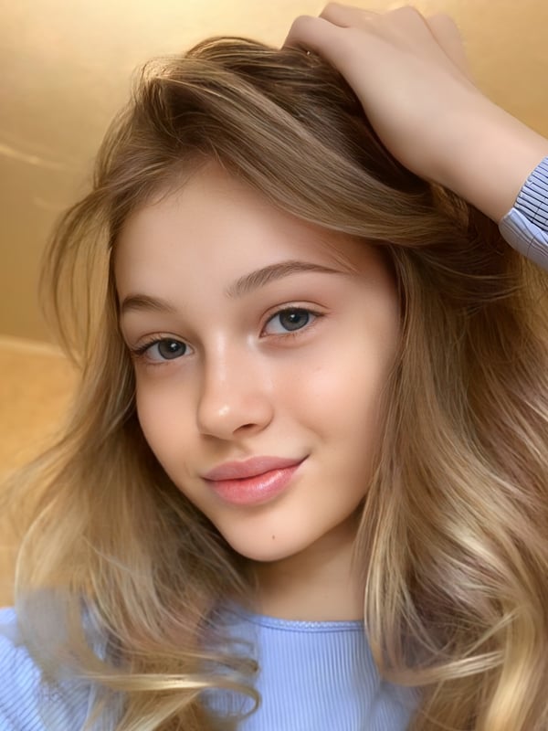 Close-up of a young woman with long blonde hair, smiling softly while running her hand through her hair, wearing a light blue top against a warm background.
