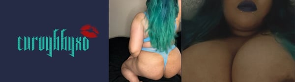 A curvy woman with teal hair posing from behind in a blue swimsuit on a dark background, with stylized text overlay.