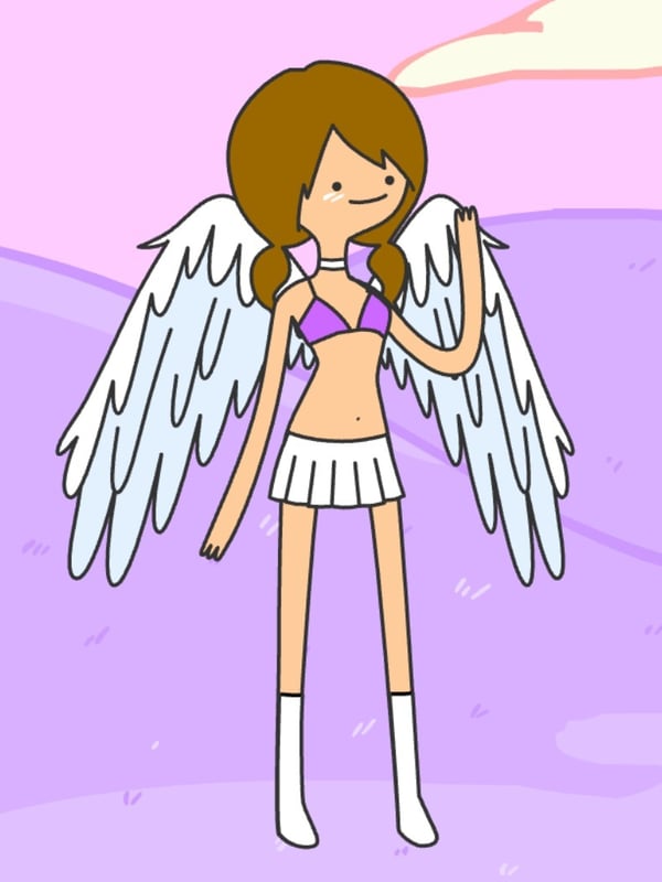 Cartoon illustration of a brunette girl with wings dressed in a bikini top, short skirt, and stockings against a colorful fantasy background.