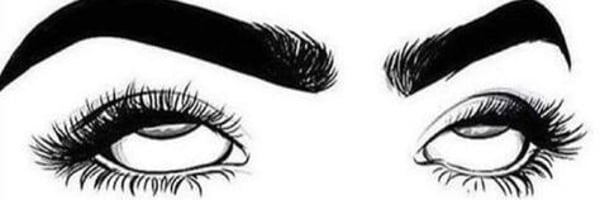 Black line art illustration of a woman's expressive eyes with long lashes and bold eyebrows.