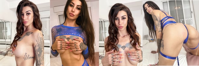 A tattooed woman with long dark hair appears in a series of indoor portraits, wearing blue outfits and posing confidently.