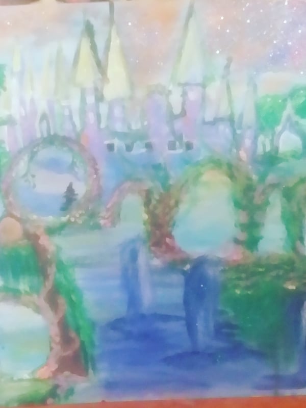 An artistic painting depicting a fantasy castle with towers, bridges, greenery, and water elements.