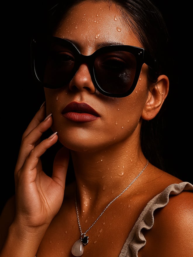 A woman with sunglasses and glossy lips posing confidently against a dark background.