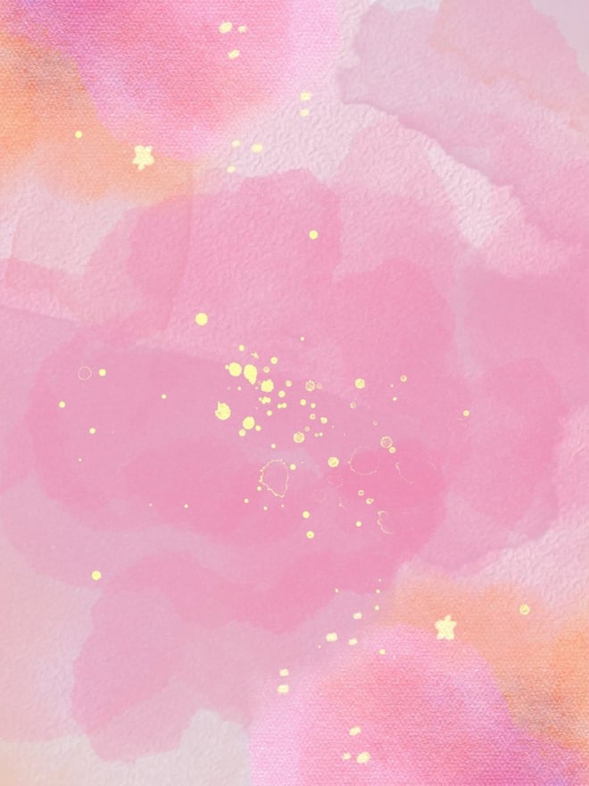 An abstract watercolor-style illustration of a vibrant pink flower with sparkling yellow highlights on a soft gradient background of pink, orange, and white.