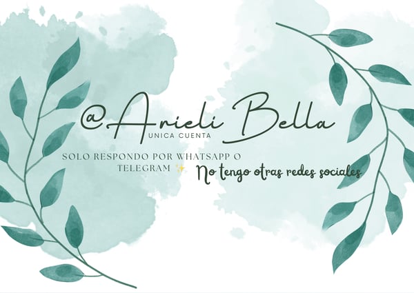 Artistic graphic design featuring the username in elegant script with green leaves and teal watercolor splashes, including contact info for WhatsApp and Telegram.