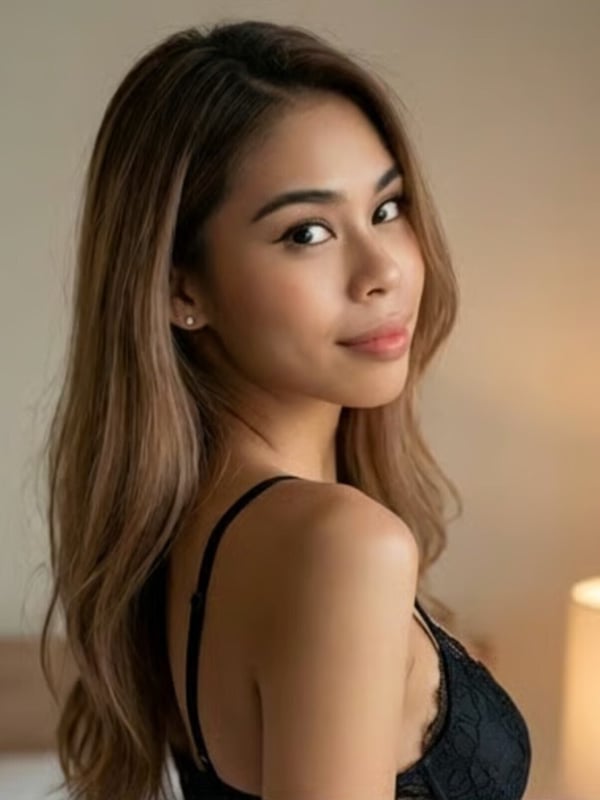 Young woman with long wavy hair and subtle makeup, smiling softly while wearing lace lingerie in a warmly lit bedroom.