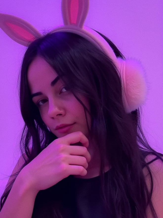 Young woman with long dark hair wearing pink bunny ears headband with fluffy accents, posing thoughtfully against a purple background.