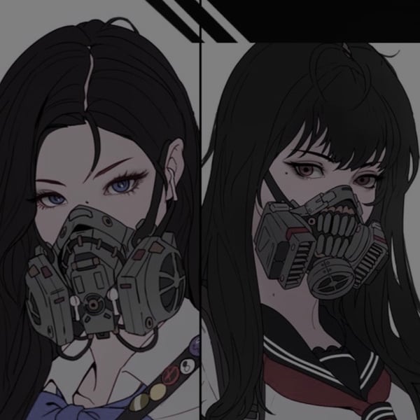Anime-style illustration of a young woman with long black hair, wearing a school uniform and gas mask, posed against a dark background.