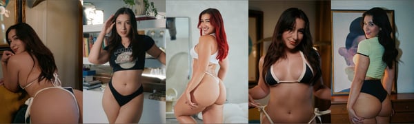 A woman posing in various swimsuits and casual outfits in different indoor settings, showcasing confident stances and smiles.