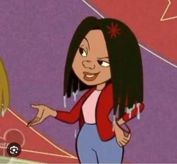 Animated cartoon woman with long black hair, freckles, and a mischievous smile, posing confidently in a red jacket and blue pants with colorful accents.