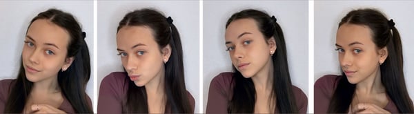 Young woman with long dark hair styled in pigtails, wearing a maroon top, posing with various shy expressions in a series of close-up selfies against a plain background.