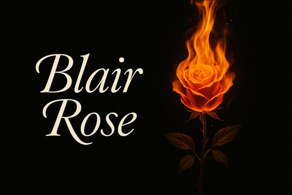 Artistic graphic featuring the name 'Blair Rose' with a fiery rose on a dark background.