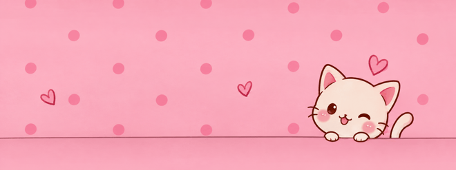 A pink background with polka dots and a cute cartoon cat illustration surrounded by small hearts.