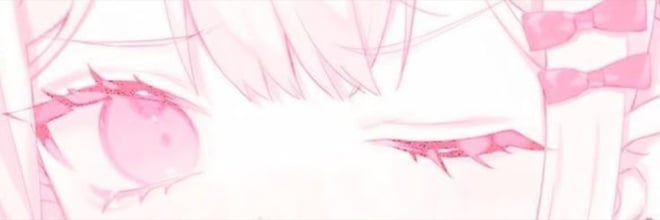 Anime-style illustration of a cute character with pink hair, large expressive eyes, and decorative ribbons in a soft pastel aesthetic.