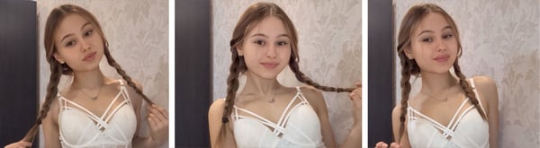 Young woman with light brown hair in pigtails posing playfully in a white lace top against a light-colored wall in three mirrored shots.