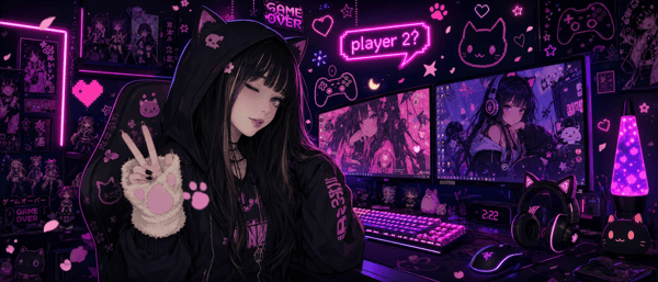 Anime-style illustration of a young woman in a black hoodie with cat ears, making a peace sign at a vibrant gaming setup with neon lights, multiple monitors, and gaming peripherals.
