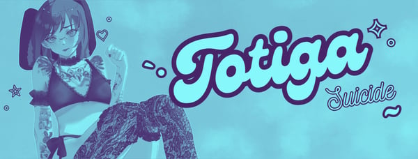Anime-style illustration of a tattooed woman in alternative fashion posing dynamically with stylized text overlay on a blue background.