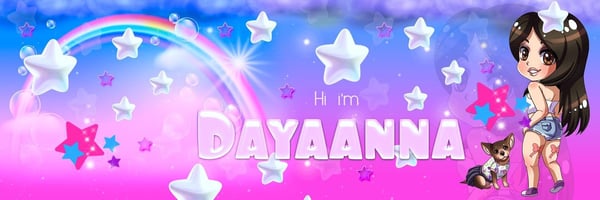 Animated illustration of a stylized female figure with long dark hair posing playfully with a small dog against a colorful starry rainbow background featuring the name 'DAYAANNA'.