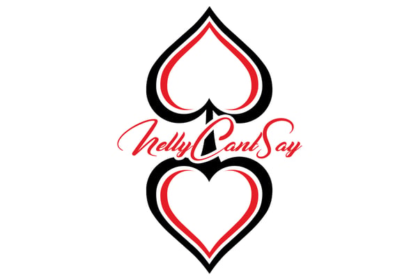 Stylized graphic design featuring black and red spade shapes with the text 'NellyCantSay' elegantly scripted in the center.
