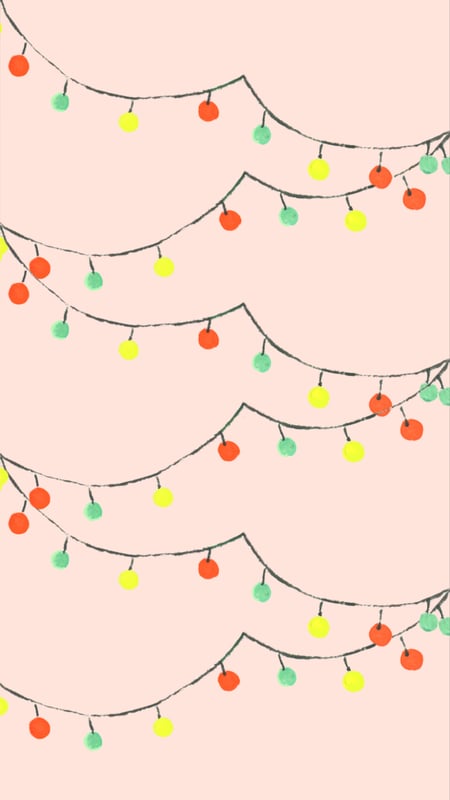 Decorative pink background with layered colorful string lights in green, yellow, and red.