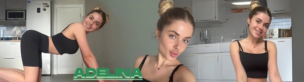 Young woman with blonde hair in a bun posing playfully in sporty black top and shorts inside a modern kitchen, shown in multiple angles with her name overlaid.