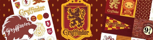 A collage of Gryffindor-themed Harry Potter graphics and stickers on a maroon background.
