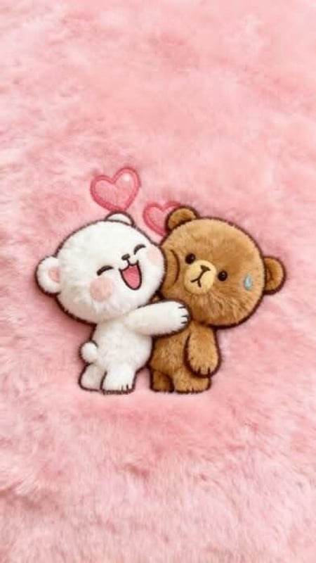 Two cartoon teddy bears hugging on a soft pink fluffy background with small pink hearts above them.