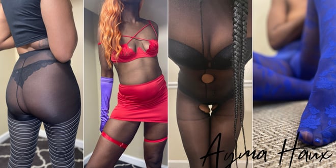 A woman posing in various lingerie outfits and stockings in different colors against indoor backgrounds, showcasing stylish attire.