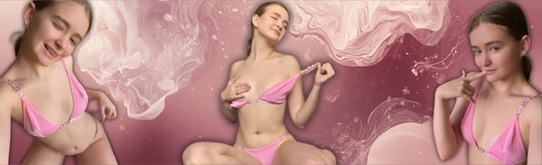 Young woman in multiple poses wearing a pink bikini top against a dreamy pink and purple abstract background.