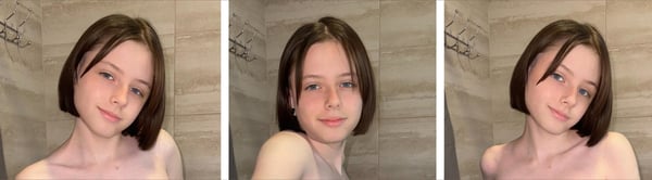 Three close-up selfies of a young woman with short brown hair smiling softly against a tiled bathroom background.