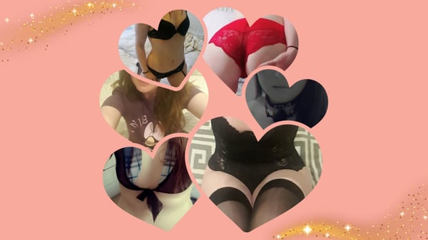 Collage of a woman posing in various lingerie outfits and heart-shaped frames on a pink background with decorative elements.
