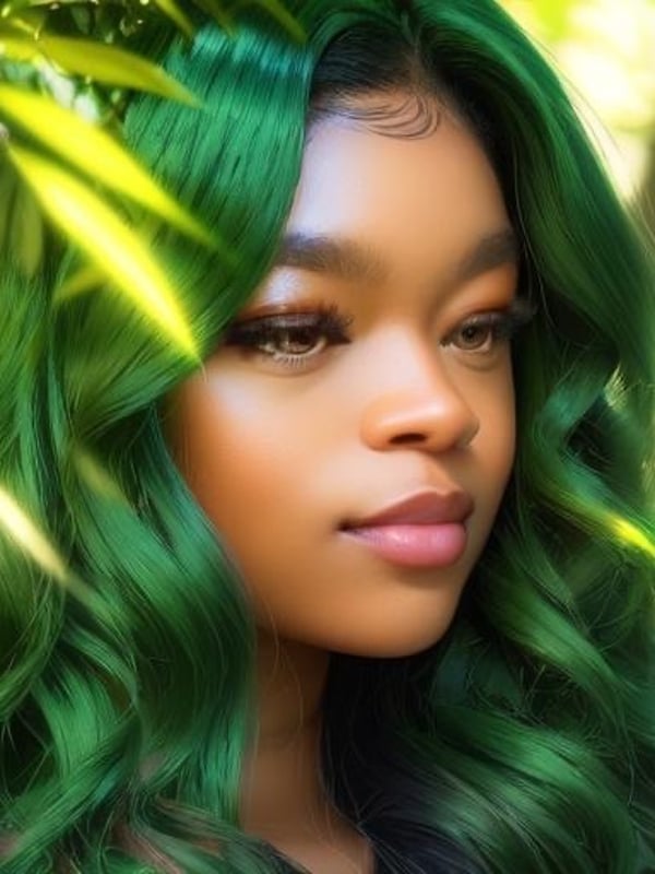 Close-up portrait of a young woman with long green wavy hair, surrounded by green leaves, smiling softly in a natural outdoor environment.