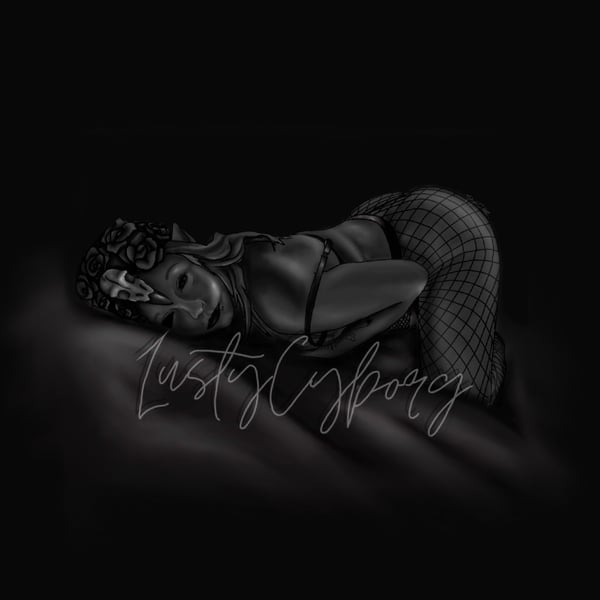 Digital artwork of a stylized female figure in fishnet attire reclining seductively on a dark background.