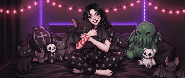 Young woman with long dark hair sitting on a bed surrounded by gothic plush toys like bats, cats, and a Cthulhu figure, with neon lights and decorations in a dimly lit room.
