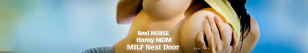 A woman in a yellow top posing with text overlays reading 'Real Nurse', 'Horny Mom', and 'MILF Next Door' against a blue background.