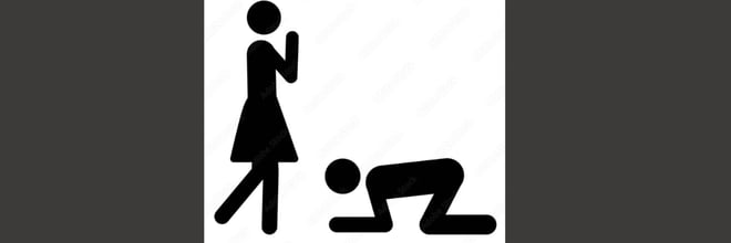 Black silhouette icons depicting a woman standing over a kneeling man in a divided scene.