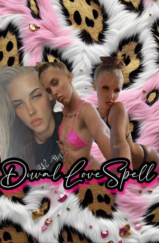 Collage of a young woman with blonde hair posing in swimwear and casual clothing against a pink leopard print background with decorative text overlay.