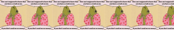 A repeating pattern of cartoon green frogs dressed in pink outfits with bows, set against a yellow and white background.