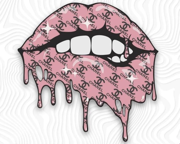 Artistic graphic of glossy pink lips adorned with Chanel logo patterns and dripping effects on a white background.