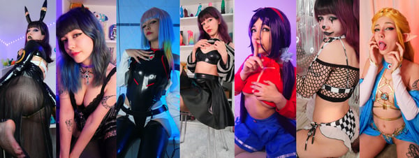 A series of cosplay portraits featuring a model in various colorful fantasy outfits and accessories against vibrant backgrounds.