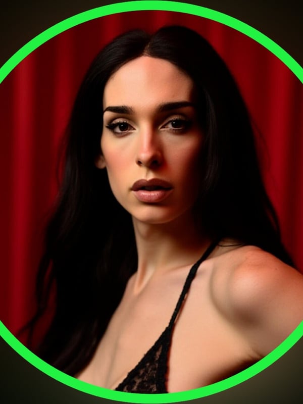 Close-up portrait of a woman with long dark hair and striking features, framed in a green circle against a red curtain background.