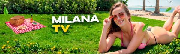A woman in a bikini lounging on a picnic blanket on the grass near the beach, with text overlay of her name and sunglasses on.