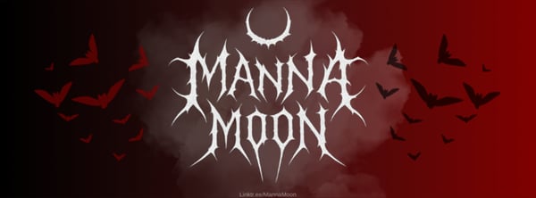 Dark artistic banner featuring the stylized text 'Manna Moon' with gothic elements like bats, crescent moon, and red smoky background.