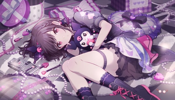 Anime-style character with long dark hair and red eyes, dressed in a frilly purple outfit, reclining on a checkered floor surrounded by plush toys and heart-shaped gifts.