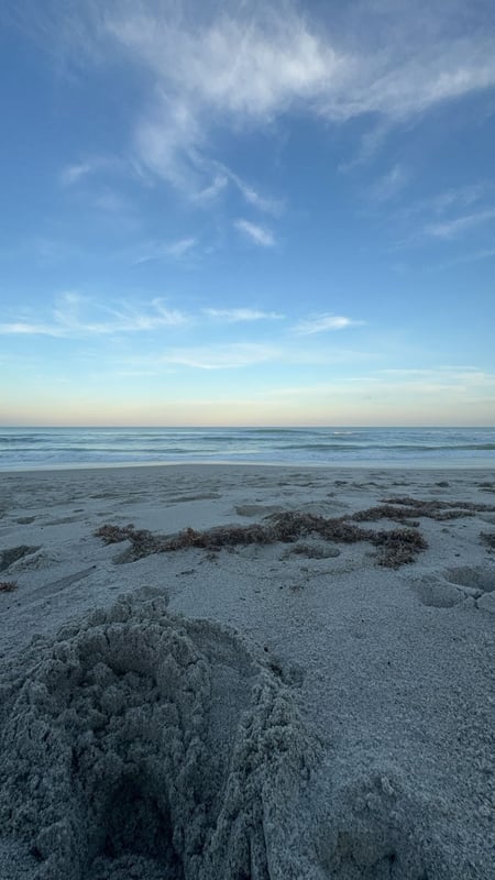 Scenic beach landscape at sunset with waves, sand, and seaweed under a partly cloudy sky.