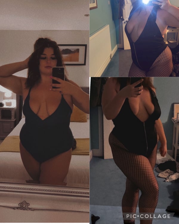 A woman posing in black swimsuits and lingerie in various indoor settings, including standing and seated positions against home decor.