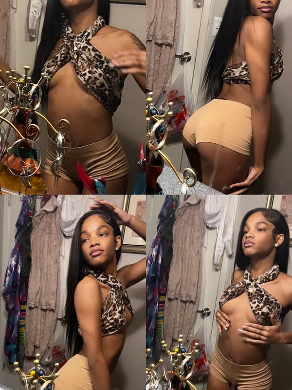 Collage of a young woman in leopard print tops and shorts posing playfully in an indoor setting with decor.