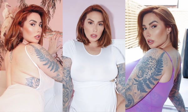 A woman with tattoos posing in various outfits including a backless top and fitted clothing against indoor and outdoor backgrounds.
