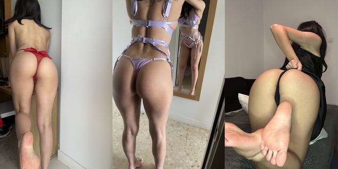 A woman posing in lingerie from multiple angles in a bedroom with a mirror, showcasing her figure.